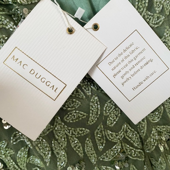 $698 Mac Duggal High Neck Beaded Sequin Fringe Sage Green Gown Dress 4908 Size 4 - Picture 12 of 15